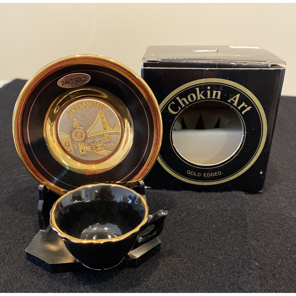 Chokin Art San Francisco Golden Gate Bridge Trolley Plate/Cup/Stand 24kt Gold